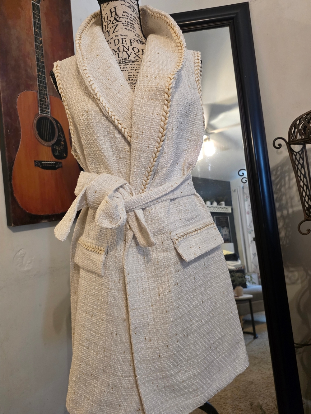 Cream Textured Bouclé Sleeveless Belted Vest